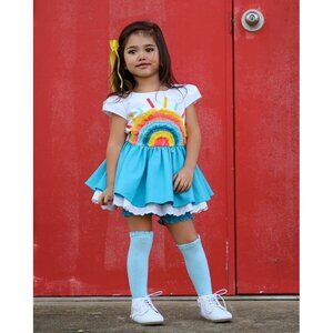 Sz 7 Girl August Stay Golden teal linen rainbow dress and shorts set NWT